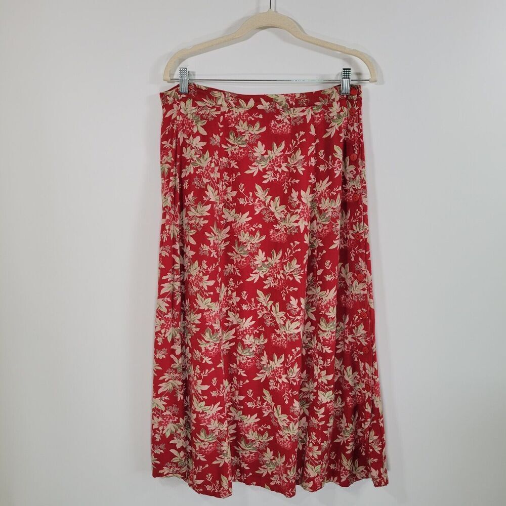 Vintage APRIL CORNELL Red Floral Maxi Skirt Size S A Line Side Buttons Soft 90s
